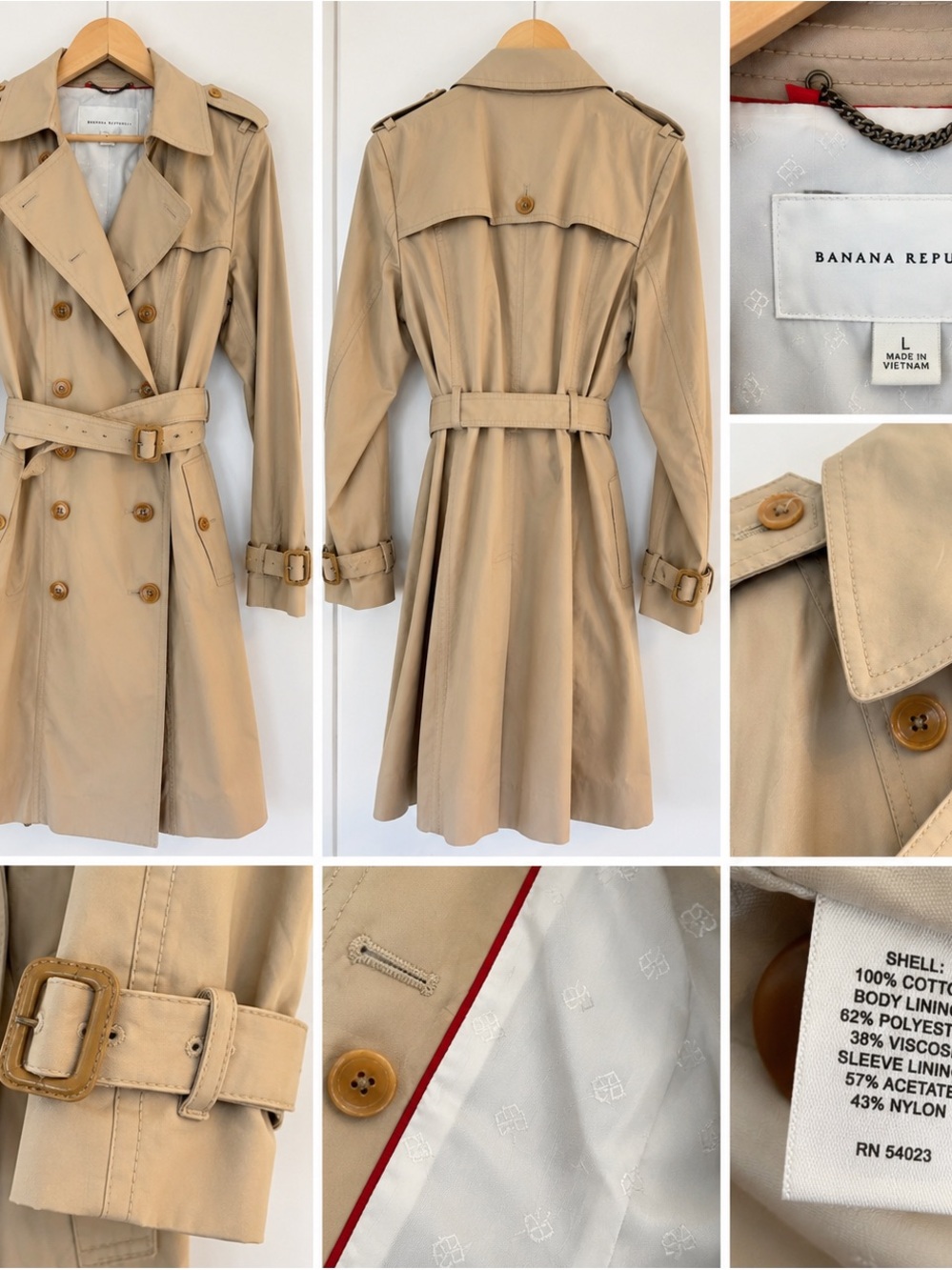 Banana Republic Classic Cotton Trench Coat Beige Tan Belted Size L